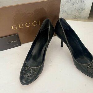 Gucci Dark Brown Leather Heels Pumps w/ GG logo, size 7
